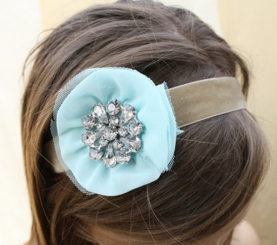 blue chiffon flower headband with rhinestone center