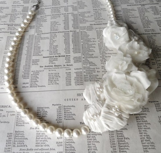 bridal statement necklace with tulle and pearls by flora bond