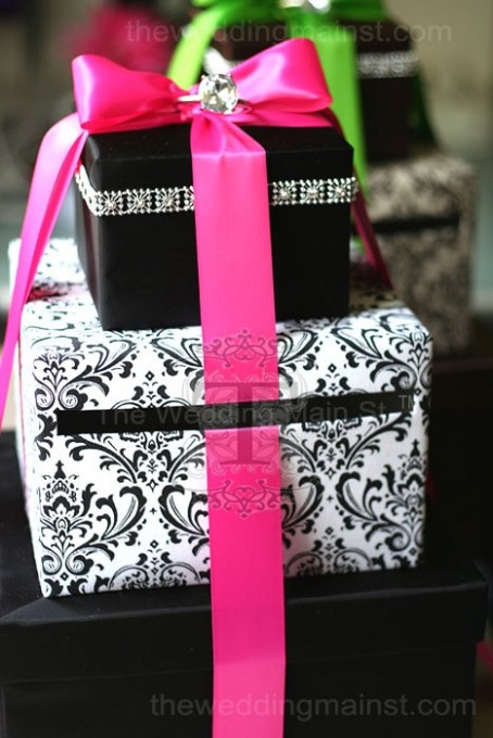 wedding card boxes with hot pink and black damask print