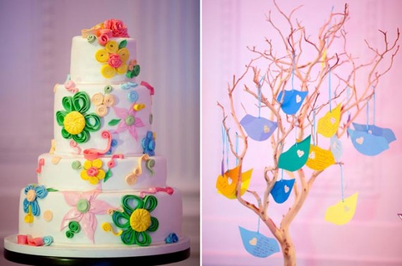 colorful wedding cake coordinating with mismatched bridesmaid dresses