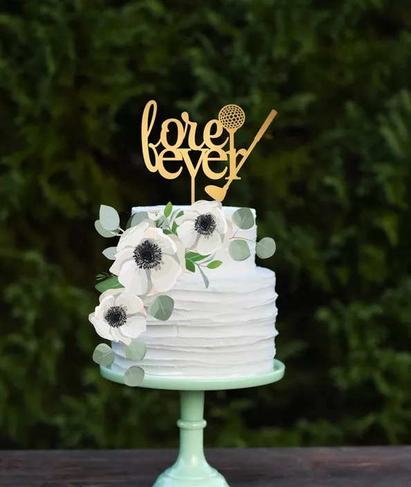 Golf themed cake topper for wedding with "fore ever" on top