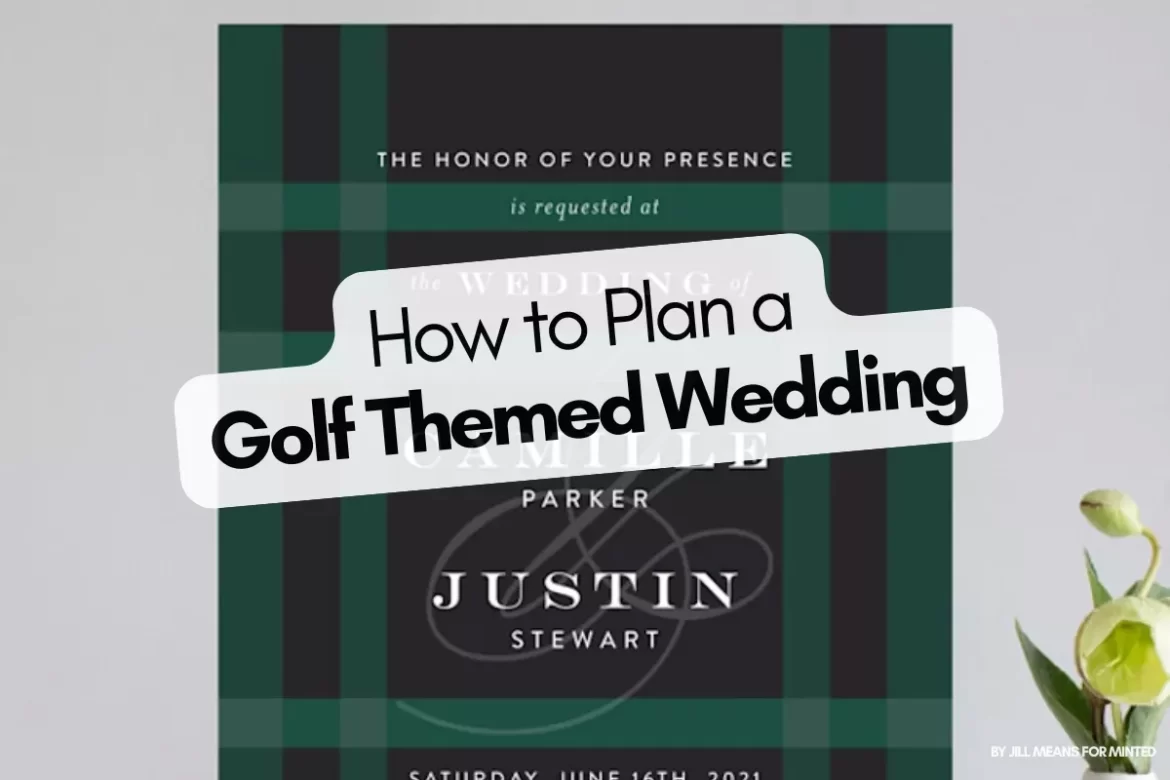 Golf themed wedding setup with golf-inspired decorations, invitations, and groomsmen gifts