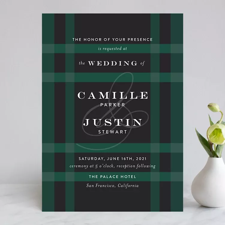 Green and black plaid golf wedding invitation