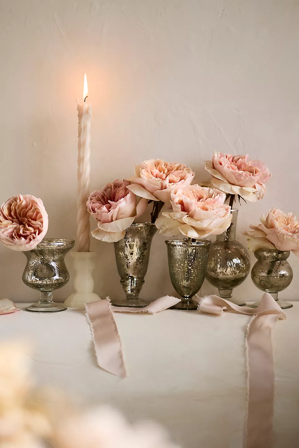 elegant metallic silver bud vases with pink peonies for wedding table decorations