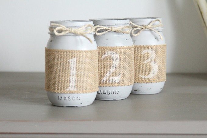mason jar table numbers wrapped in burlap