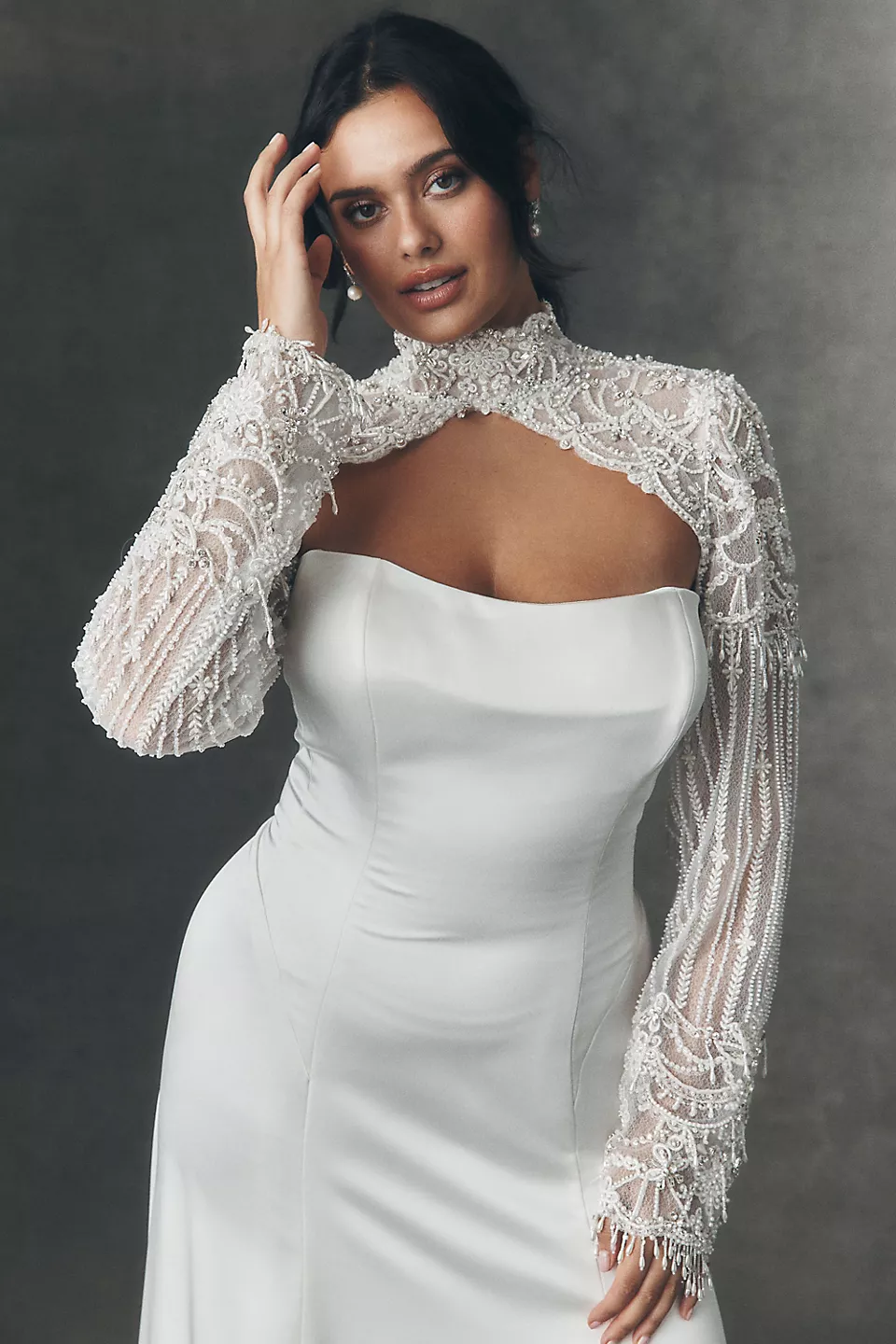 bride wearing elegant beaded bridal topper as wedding veil alternative