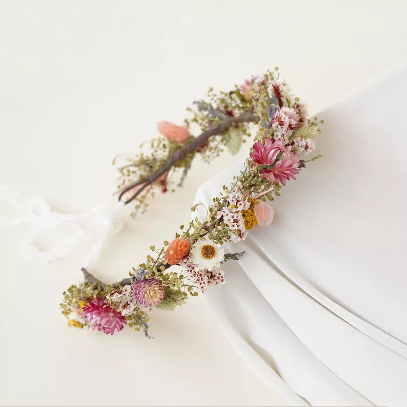 daisy dried flower crown for a boho bride instead of a wedding veil