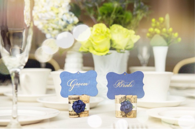navy blue place card holders wine themed wedding