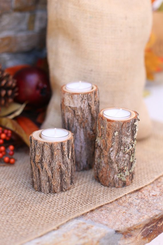 Wood candle holders by Bragging Bags | via Wood Themed Wedding Ideas: https://emmalinebride.com/themes/wood-themed-wedding-ideas/