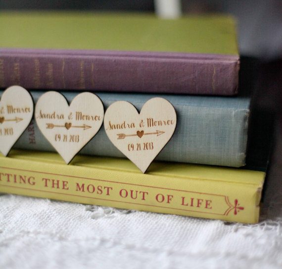 Wood heart magnet favors by Red Cloud Studio | via Wood Themed Wedding Ideas: https://emmalinebride.com/themes/wood-themed-wedding-ideas/