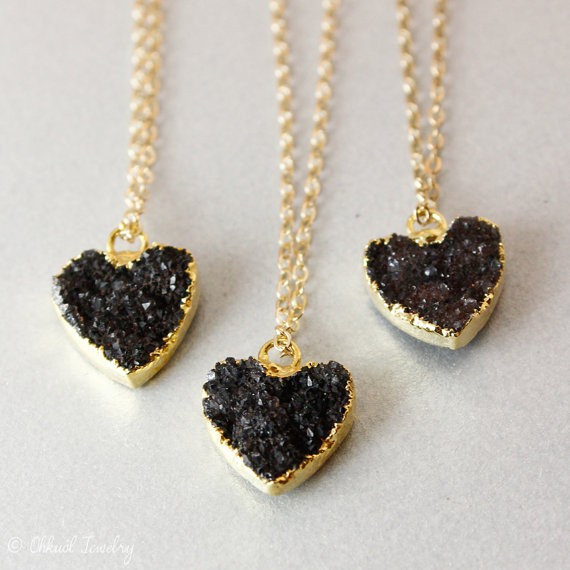 black and gold druzy heart necklaces