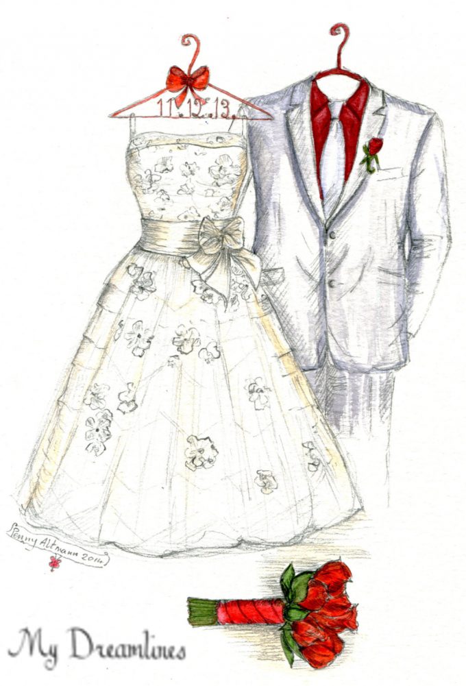 christmas wedding ideas - handdrawn wedding dress and suit art for wedding gift by dreamlines