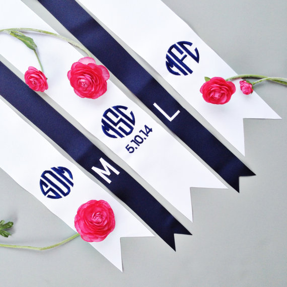 custom monogrammed bouquet ribbon for bridesmaids | by oatmeal lace design | https://emmalinebride.com/2015-giveaway/bouquet-ribbons/