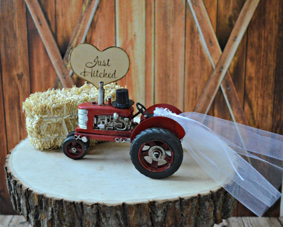 just hitched tractor cake topper by morgan the creator | barn reception ideas for weddings via https://emmalinebride.com/reception/barn-ideas-weddings/ ‎