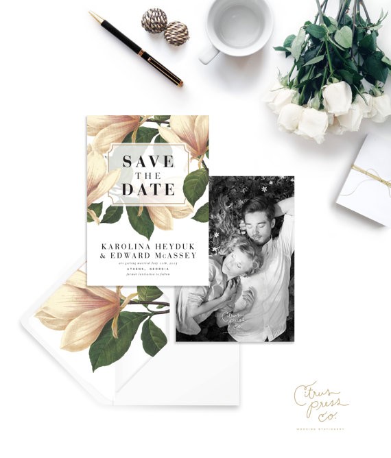 magnolia save the date card with photo printed on back