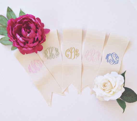 custom monogrammed bouquet ribbon for bridesmaids | monogrammed bouquet ribbons | by oatmeal lace design | https://emmalinebride.com/2015-giveaway/bouquet-ribbons/