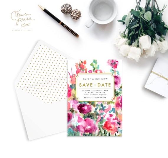 watercolor save the date with polka dot envelope