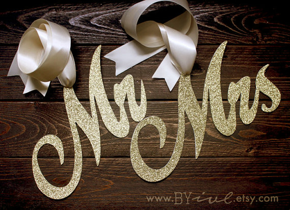 glitter mr and mrs chair signs