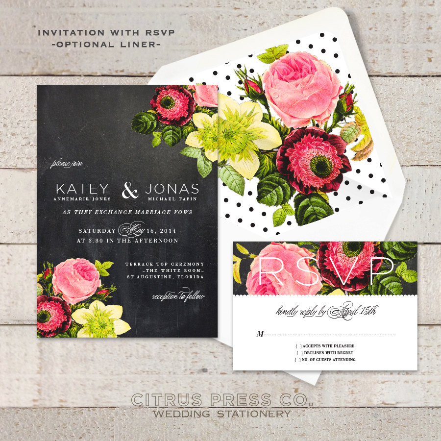 spring botanical chalkboard polka dot wedding invitations | 6 Floral Botanical Invitations for Spring Weddings http://wp.me/p1g0if-yOx by Citrus Press Co.