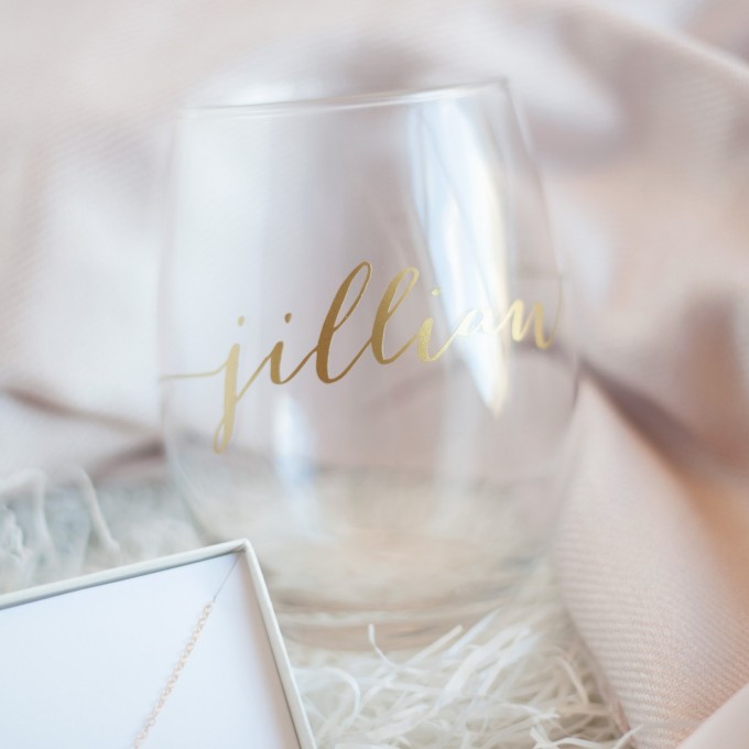 stemless wine glass in Bridesmaid Gift Box | by Deighan Design | https://emmalinebride.com/gifts/bridesmaid-gift-box/