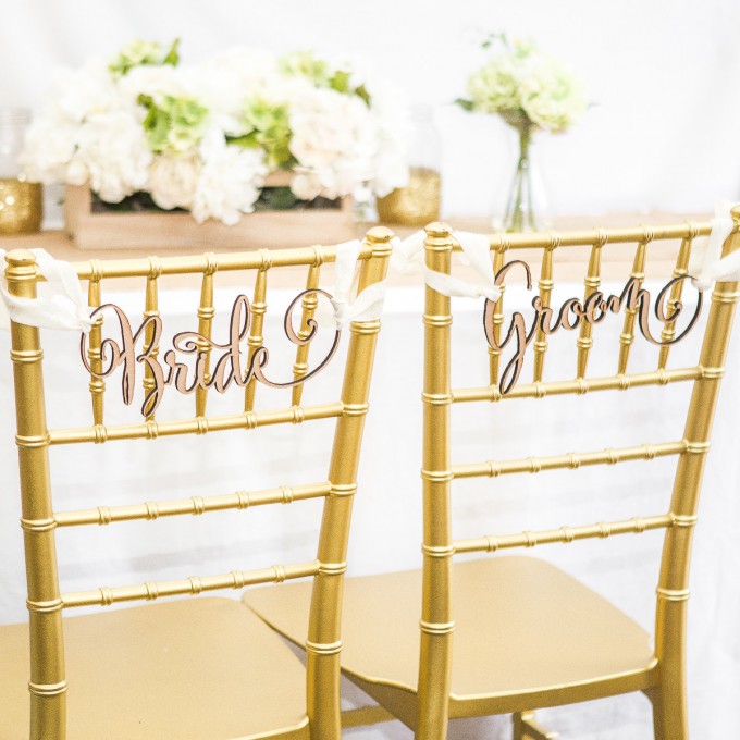 bride groom wedding chair signs on chiavari chairs
