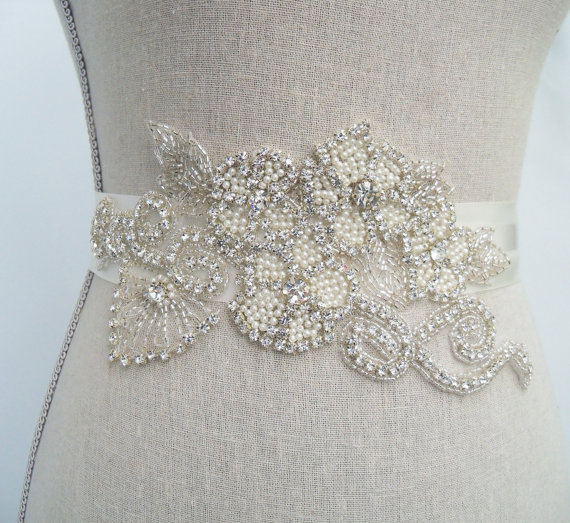 crystal bridal belt with applique by SparkleSMBridal | via Should I Add a Sash to My Dress? on Emmaline Bride | https://emmalinebride.com/bride/should-i-add-sash-to-wedding-dress/