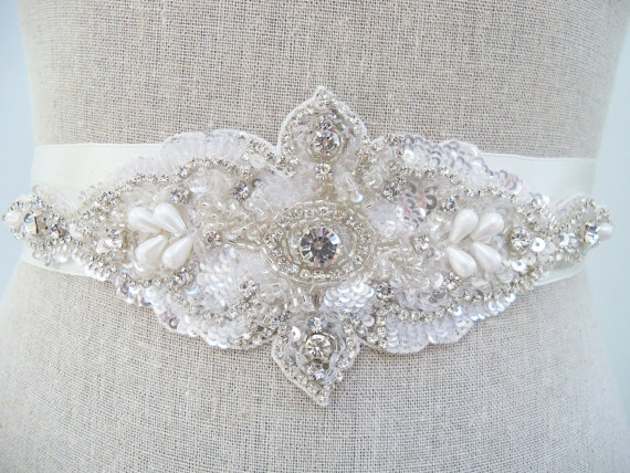 crystal rhinestone sash by SparkleSMBridal | via Should I Add a Sash to My Dress? on Emmaline Bride | https://emmalinebride.com/bride/should-i-add-sash-to-wedding-dress/