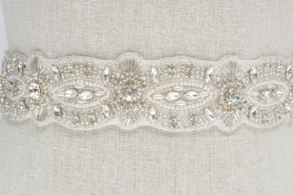 rhinestone and pearl sash by SparkleSMBridal | via Should I Add a Sash to My Dress? on Emmaline Bride | https://emmalinebride.com/bride/should-i-add-sash-to-wedding-dress/