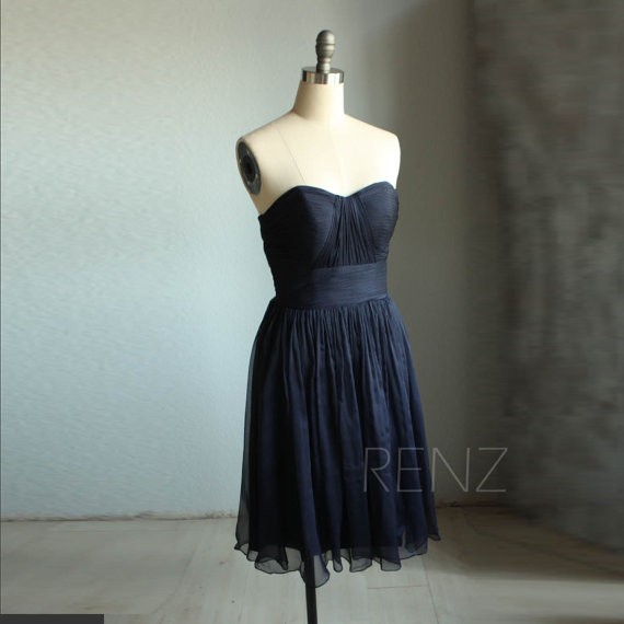 strapless short chiffon navy blue dress