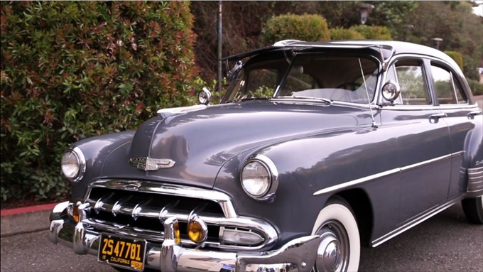 1952 chevy deluxe wedding | A Luxurious Wedding at the Kohl Mansion (California Weddings) | http://www.emmalinebride.com/real-weddings/a-luxurious-wedding-at-the-kohl-mansion-real-wedding-video/ | Film (Wedding Video): Baby Blue Film