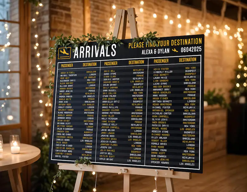 airport board wedding seating chart for travel themed weddings