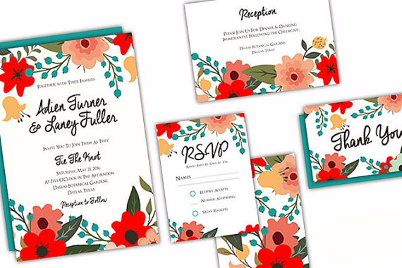 aqua floral wedding invitation suite