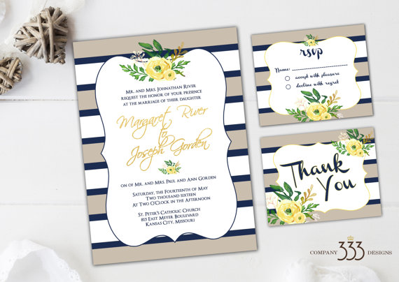 beige and navy stripe invitations