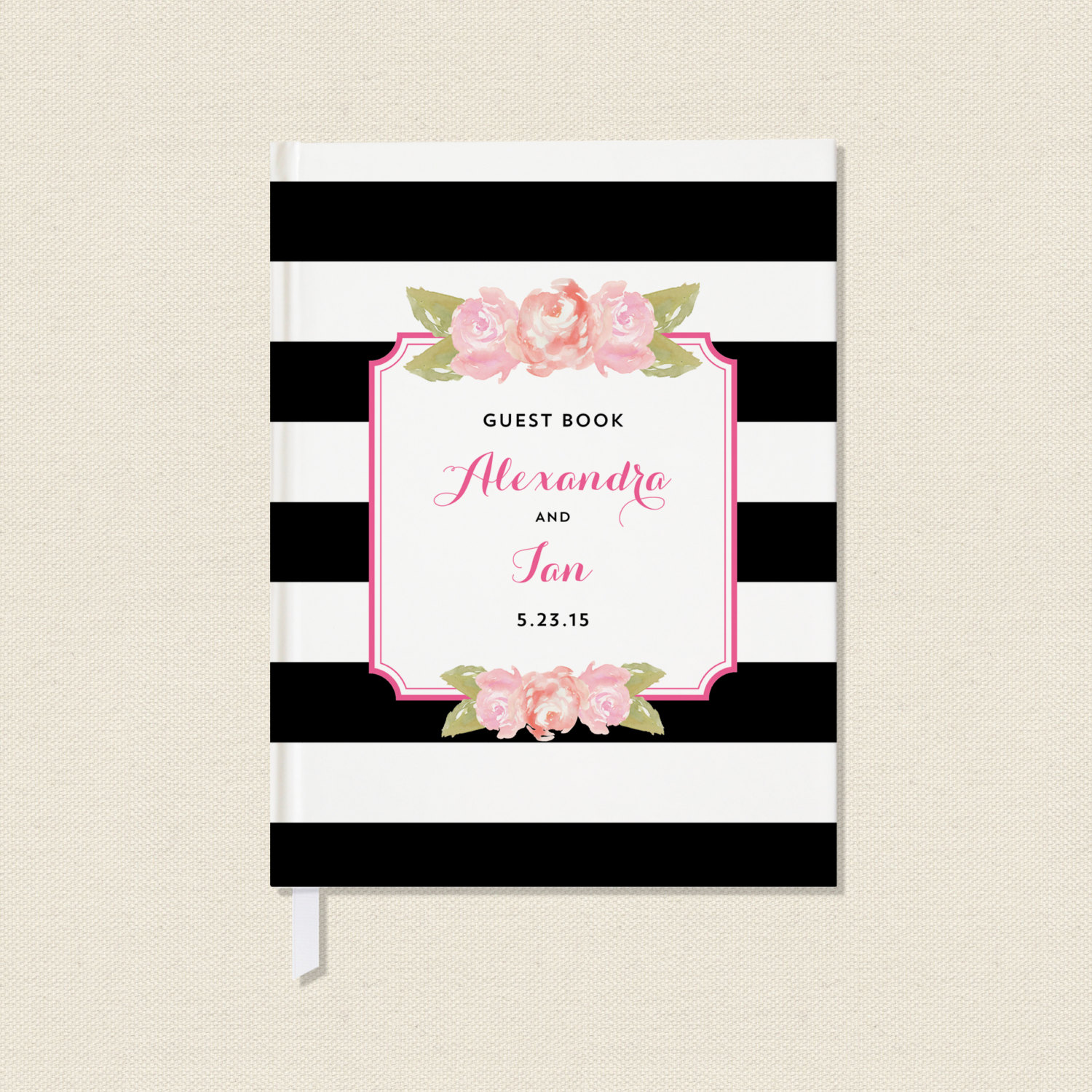 black and white striped guest book with pink