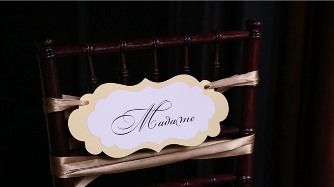 brides chair sign madame | A Luxurious Wedding at the Kohl Mansion (California Weddings) | http://www.emmalinebride.com/real-weddings/a-luxurious-wedding-at-the-kohl-mansion-real-wedding-video/ | Film (Wedding Video): Baby Blue Film