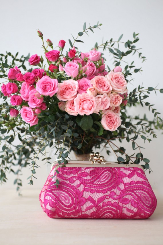 fuchsia alencon lace clutch purse by angeew | bridesmaid clutches instead of flowers via https://emmalinebride.com/bridesmaid/clutches-instead-of-flowers/