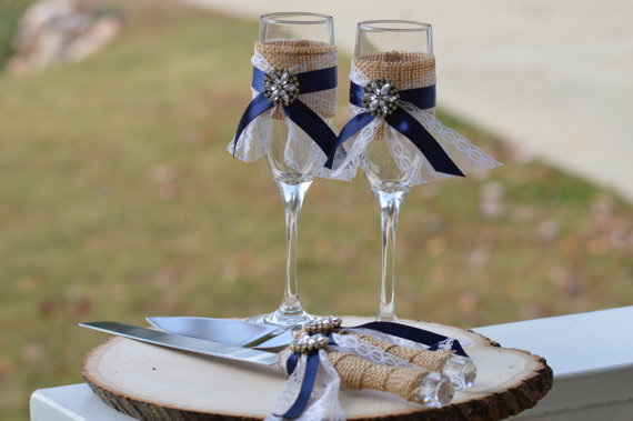glasses and cake server set by RedHeartCreations | via 50+ nautical wedding theme ideas at EmmalineBride.com
