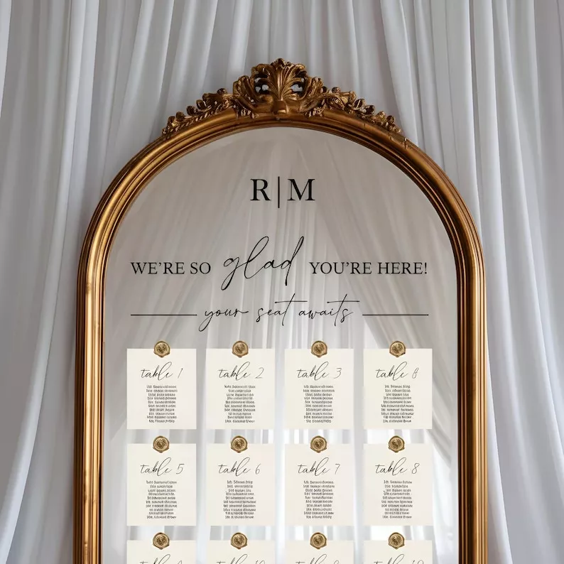 mirror seating chart decal with initials and we're so glad you're here wording