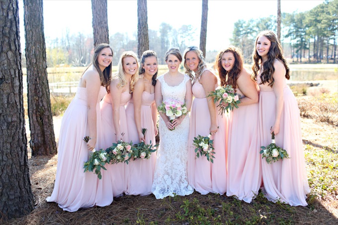 pink bridesmaid dresses woods | Sarah + JJ's Pretty Wedding at 173 Carlyle House | http://www.emmalinebride.com/real-weddings/pretty-wedding-173-carlyle-house/ | photo: Melissa Prosser Photography - Atlanta Georgia Wedding Photographer