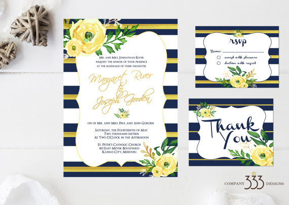 wedding invites - navy and yellow