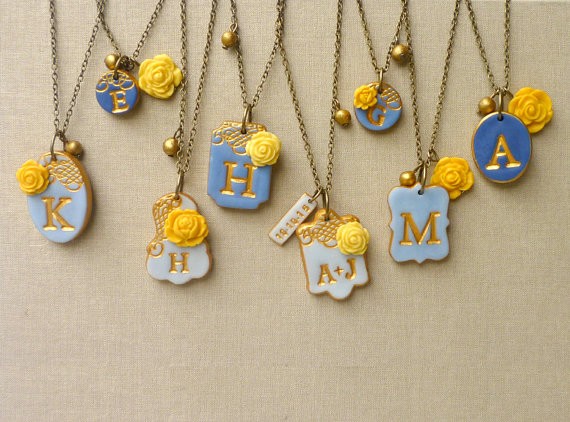blue and yellow initial necklaces for bridesmaids | by Palomaria | bridesmaid necklaces initials | https://emmalinebride.com/gifts/bridesmaid-necklaces-initials