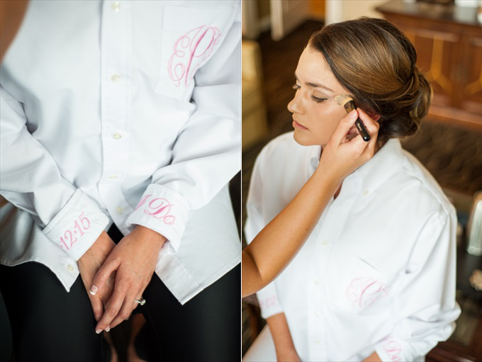 buttoned down shirt embroidered monogrammed bride One Pretty Wedding at the Foundry at Puritan Mill (Real Weddings) | Atlanta Georgia foundry mill weddings | http://www.emmalinebride.com/real-weddings/one-pretty-wedding-at-the-foundry-at-puritan-mill-real-weddings/ | Photo: You Are Raven