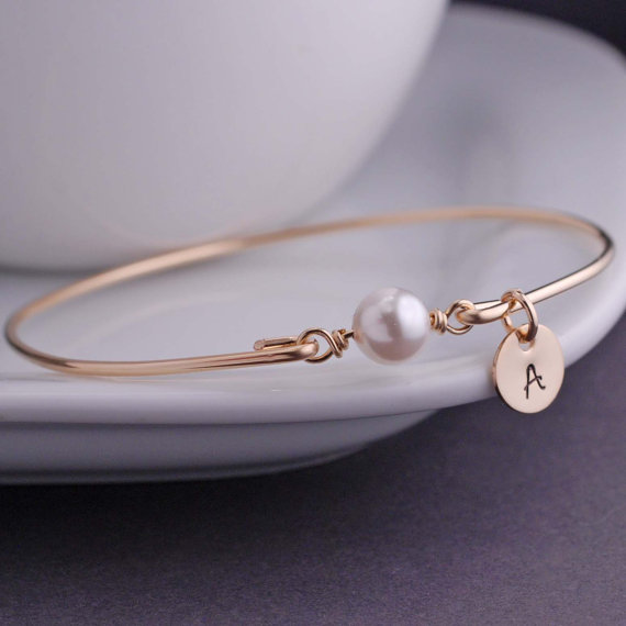 gold bangle bracelet with pearl and initial