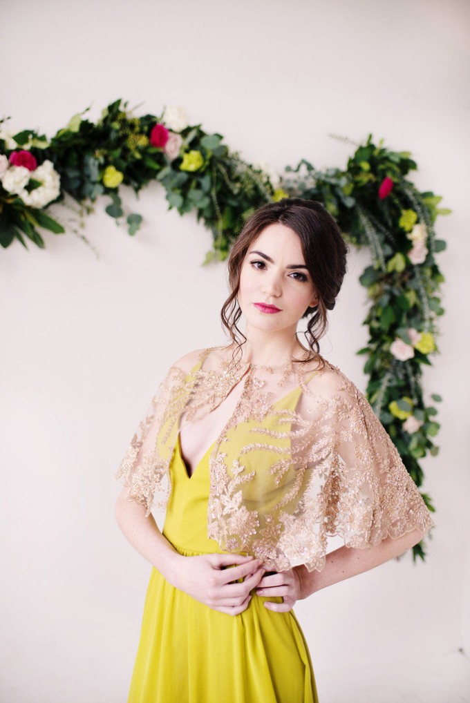 gold bead lace capelet | bridal cover ups for spring/summer weddings | by tessa kim | photo: deyla huss photography