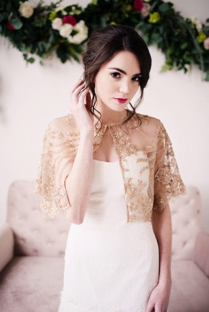 gold bead lace capelet top | bridal cover ups for spring/summer weddings | by tessa kim | photo: deyla huss photography