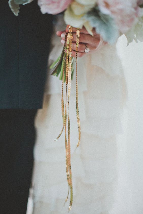 gold sequin bouquet wrap | photo: taylor lord photography | wedding bouquet wraps: https://emmalinebride.com/bouquets/wedding-bouquet-wraps/