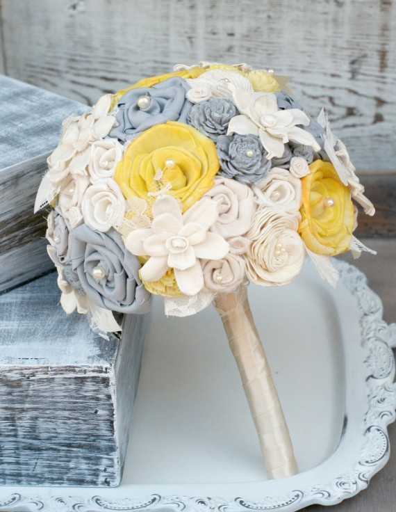 gray and yellow fabric wedding bouquet