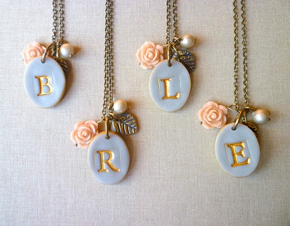 gray rose and pearl initial necklaces for bridesmaids | by Palomaria | bridesmaid necklaces initials | https://emmalinebride.com/gifts/bridesmaid-necklaces-initials