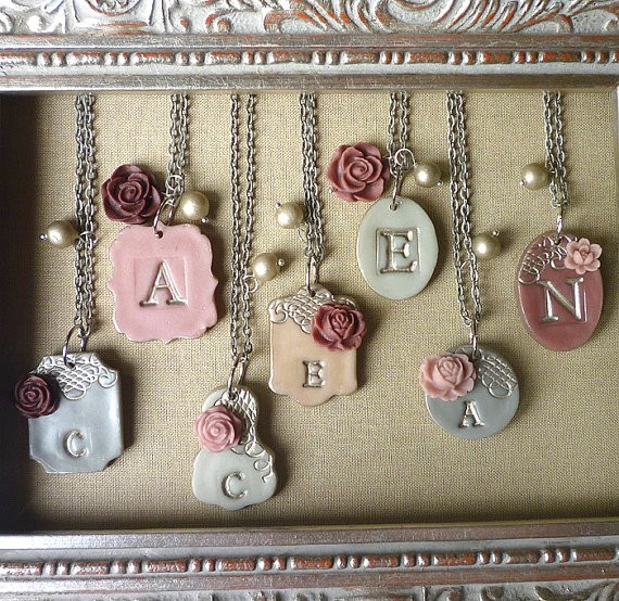 grey silver and mauve initial necklaces for bridesmaids | by Palomaria | bridesmaid necklaces initials | https://emmalinebride.com/gifts/bridesmaid-necklaces-initials