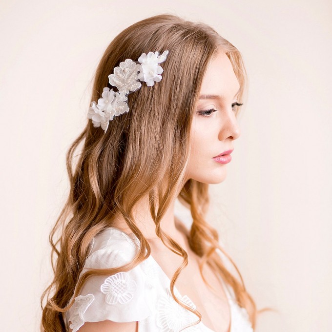 lace headpiece with silk flowers hair down hairstyle | hairstyles accessories weddings | https://emmalinebride.com/bride/hairstyles-accessories-weddings/ | via florentes: http://etsy.me/22yo1LX